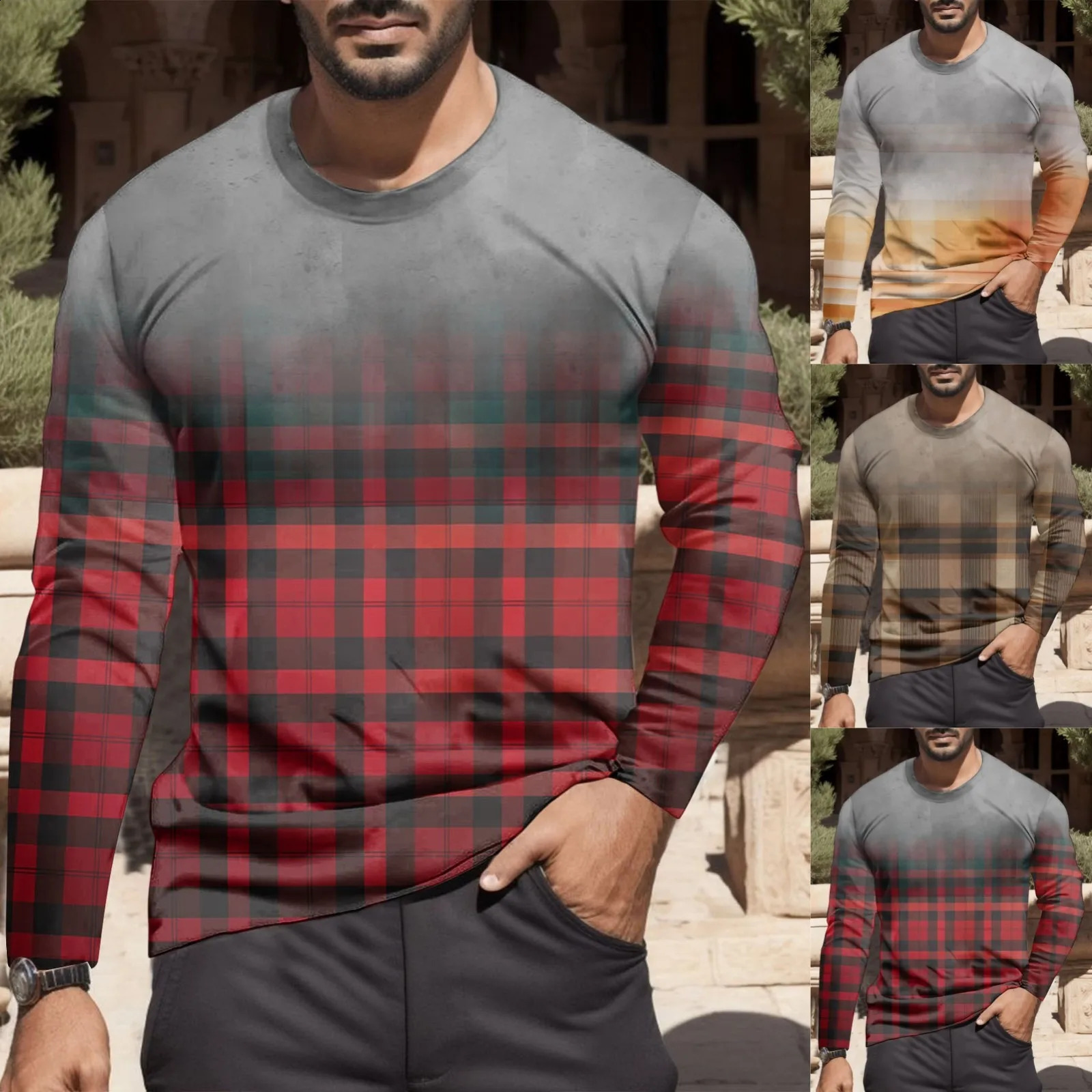 Male Autumn And Winter Fashion Printed Round Neck Long Sleeve T Shirt Retro Full Print Shirts Big Tall Mens Plain 240815