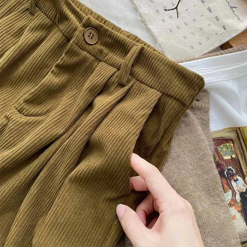 Vintage Corduroy Women Pants High Waist Coffee Wide Leg Fall Casual Korean Office Ladies Trousers 240816