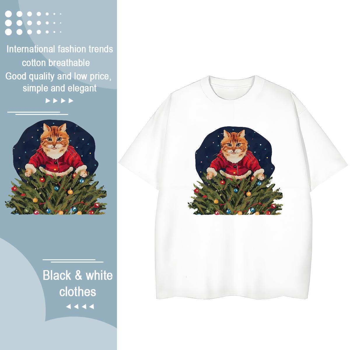 2024 Casual T-Shirts Breathable 230g 100% Cotton Womens Tshirts Custom Cartoon cat Sports Street Wear Brand Tee Shirt
