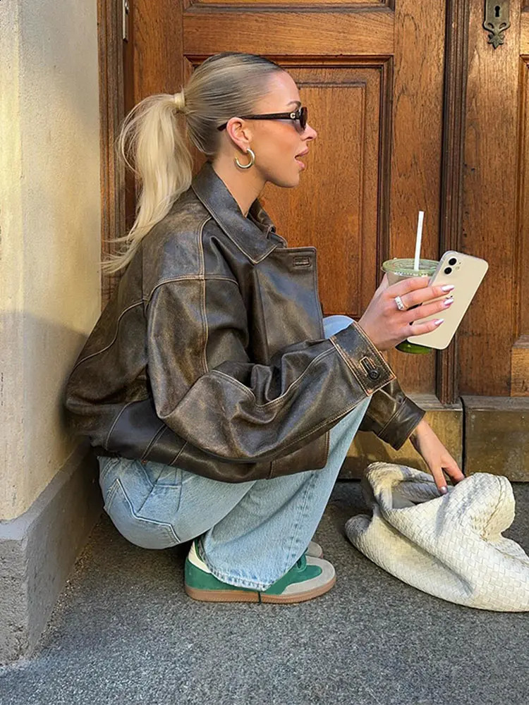 2024 Autumn Fading Effect Bomber Jacket Womens Collar Long Sleeve Zipper Pocket Jacket Womens Street Fashion Womens Jacket 240815