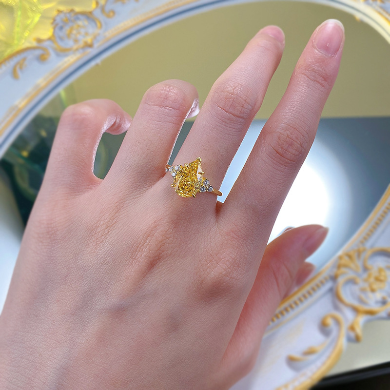 Real Sterg Sier Water Drop Yellow Moissanite Wedding Ring for Ladies fecb