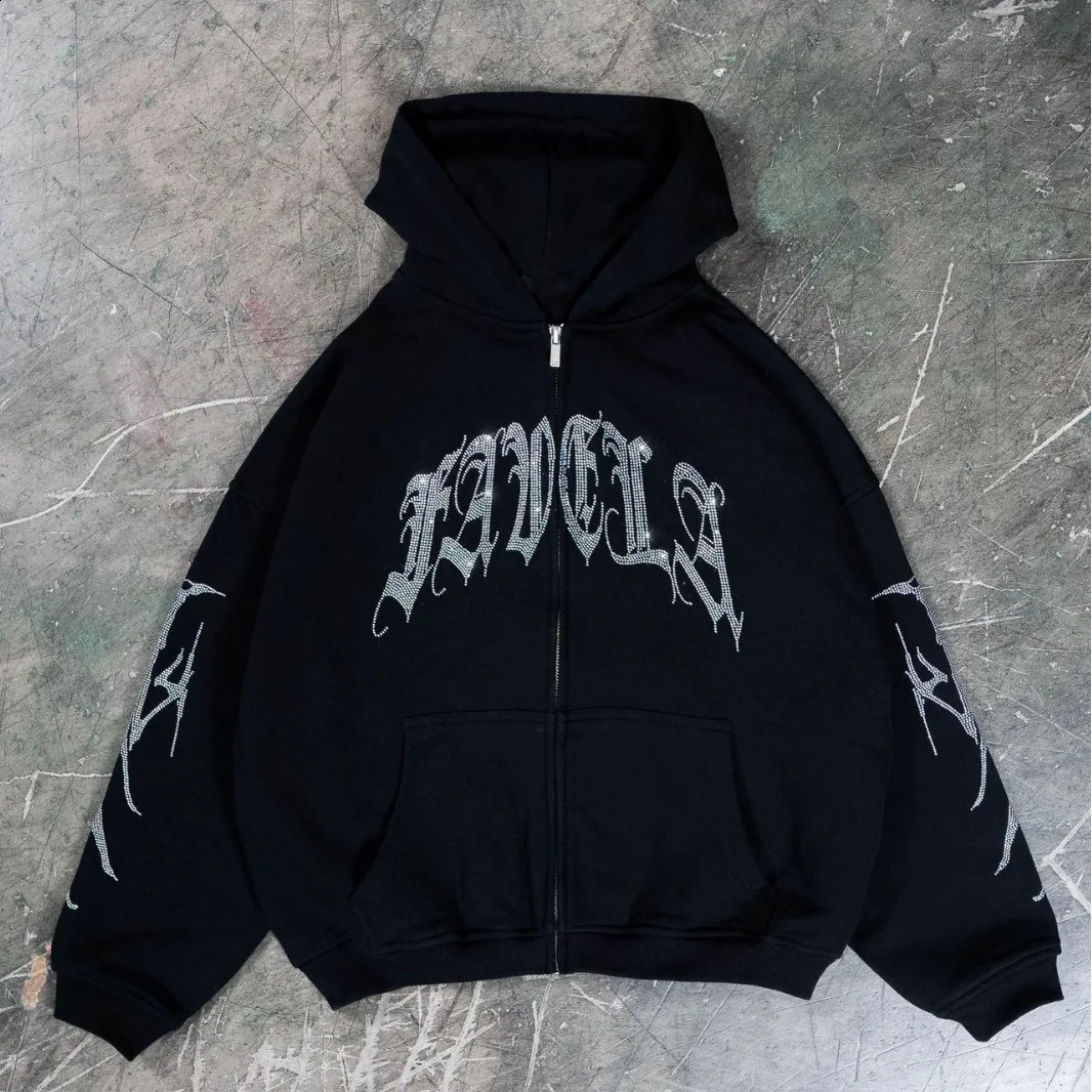 Y2K Rhinestone Skeleton Hoodies Women Gothic Black Zip Up Oversized Sweatshirts Female Retro Harajuku Hooded Jacket Streetwear 240806