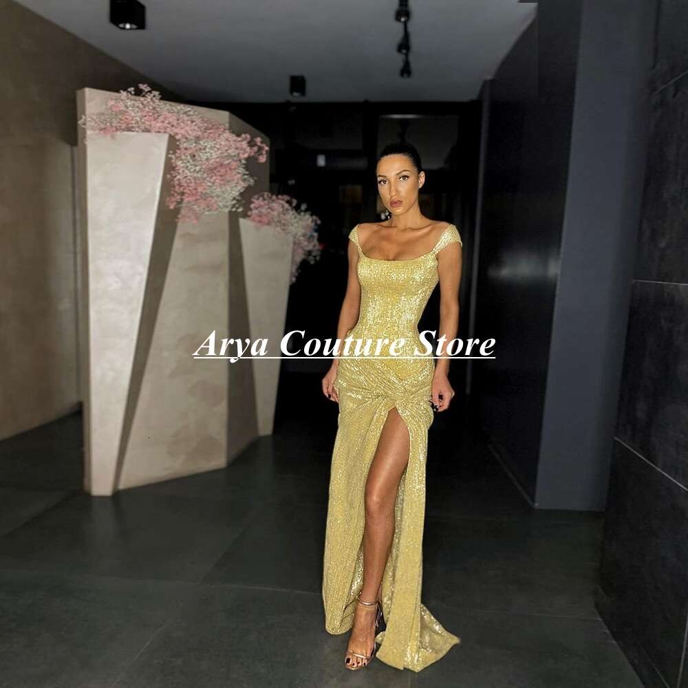 Fashion Yellow Sequin Formal Evening Dress Square Collar Pleat Mermaid or Length High Slit Vestidos De Noche With Sweep Train
