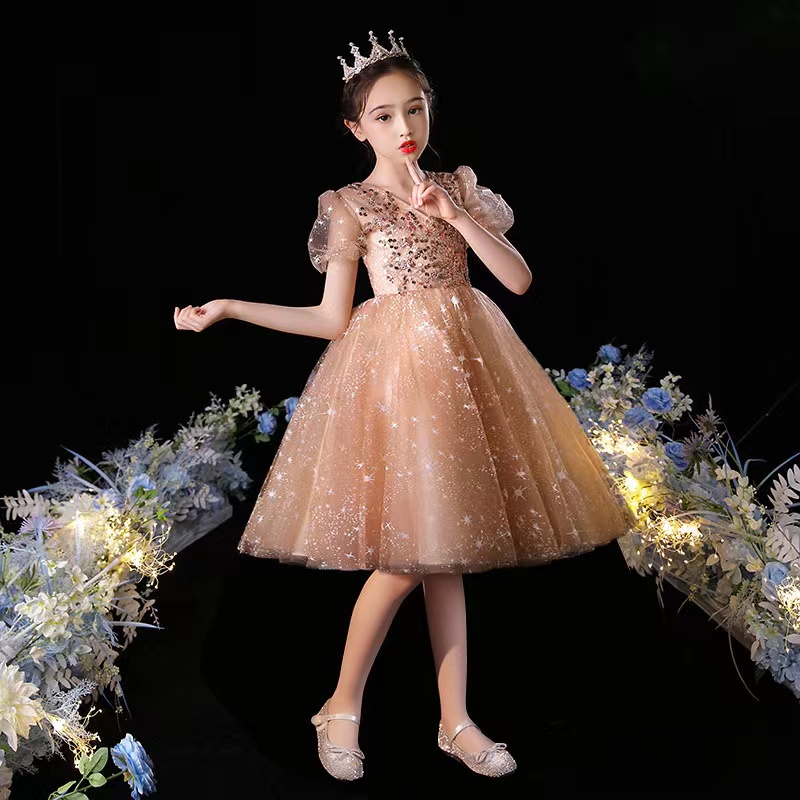 2024 gold sequined Flower Girl tulle Sleeves Tiered Tulle Lace star blingbling Princess Queen Flowergirl Dresses Little Kids Party Gown for Marriage W