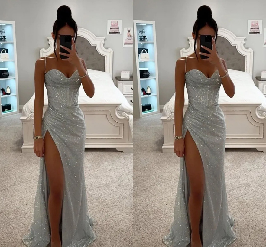 Sexy Sier Sheath Prom Dresses Long For Women Sweetheart Spaghetti Straps High Side Split Evening Party Birthday Pageant Gowns Formal Wear Special Ocn 