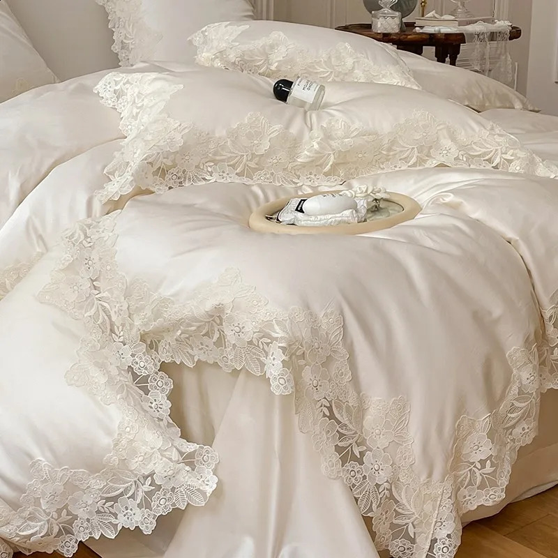 4/7Pcs French Romantic Wedding Chic White Lace Bedding Set 1000TC Egyptian Cotton Ultra Soft Duvet Cover Bed Sheet Pillowcases 240815