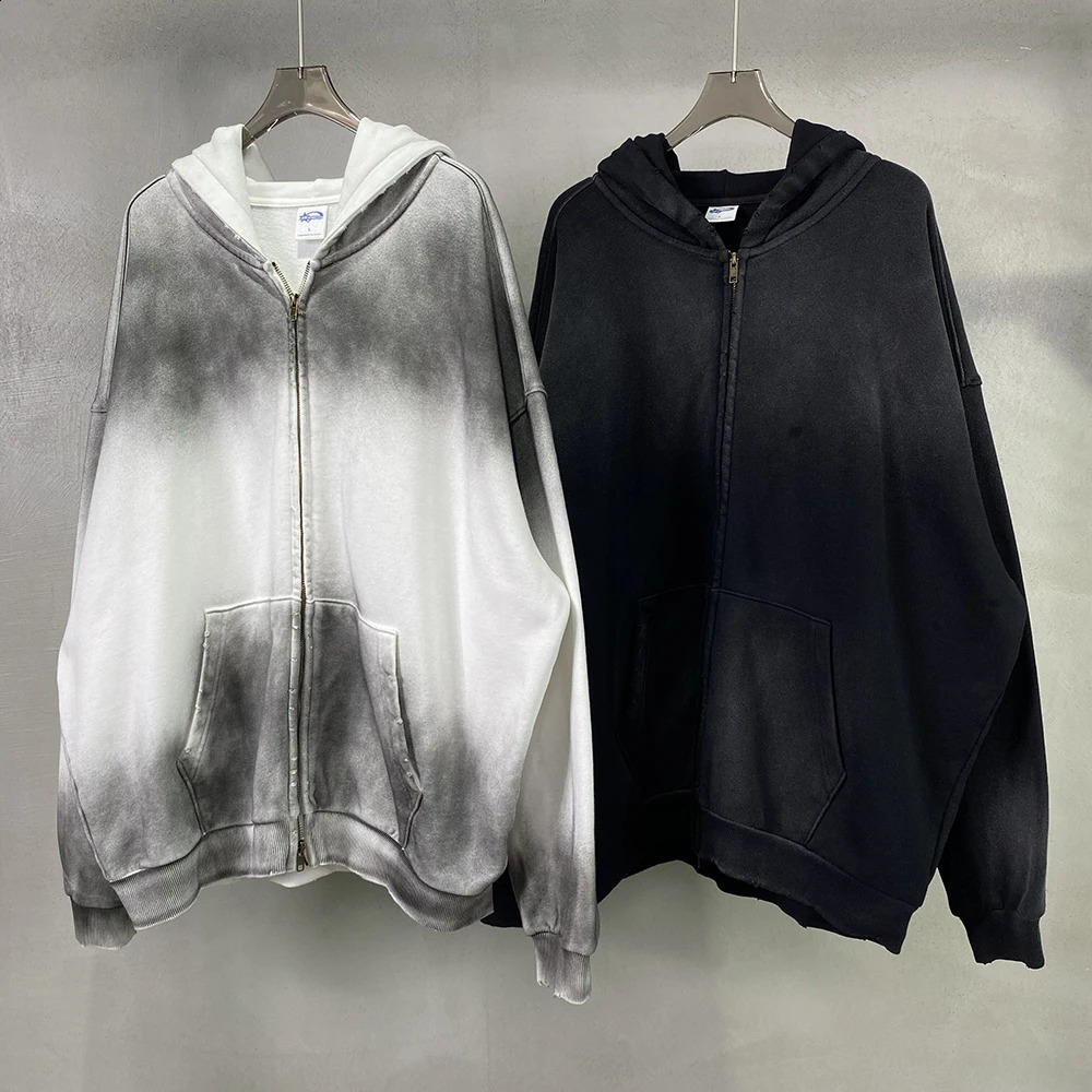 420g Mens Cotton French Terry Plain Hoody Mens Vintage Spray Zipup Hoodie Washed Double Zipper Hoodies 240809