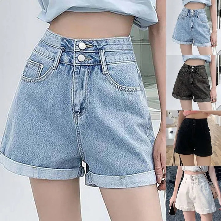Y2k Denim Shorts Women Wide Leg Rolled Up High Waist Elastic Korean Straight Shorts Buttons Up Casual Baggy Jeans Shorts Pants 240823
