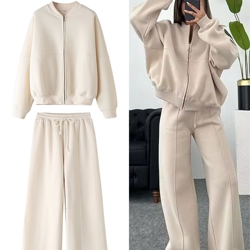 TRAFZA 2024 Woman Solid Trousers Set Long Sleeves Zipper Coat Top Elastic Waist Lace Up Wild Commute Female Wide Leg Pant y240829
