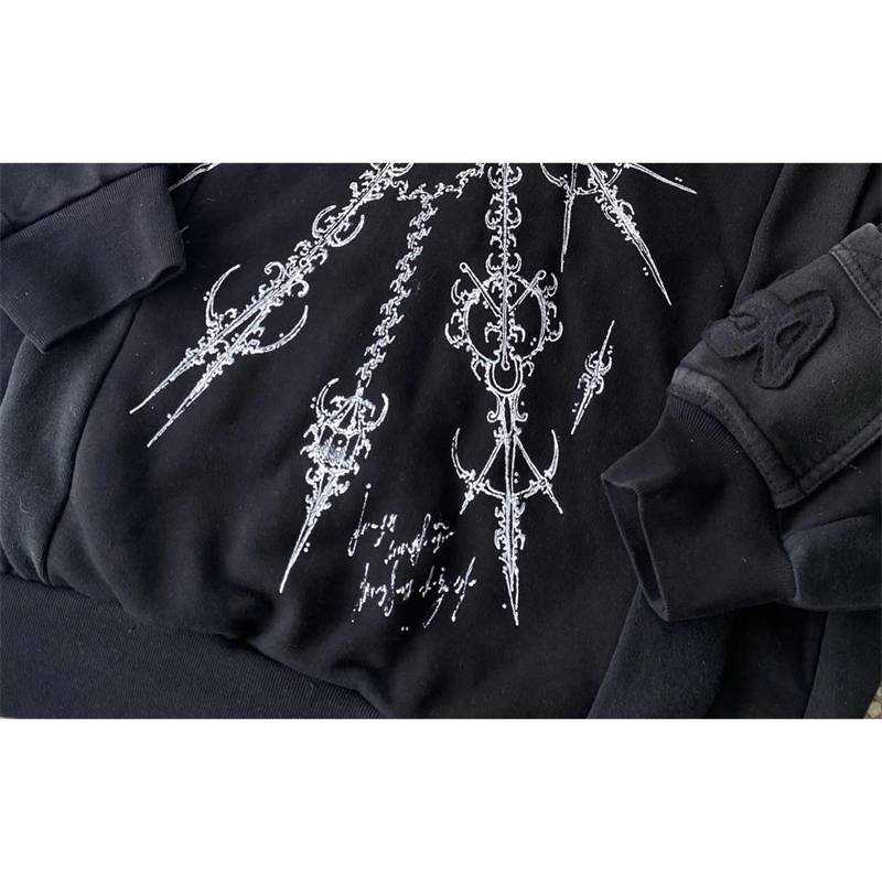Vintage Zip Up Hoodie Y2K Harajuku Gothic Pattern Patchwork Sweatshirt Men Women Hip Hop Oversize Harajuku Casual Streetwear 240816