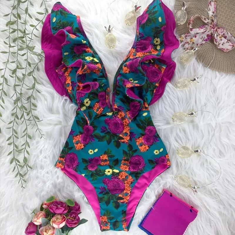 Womens swimsuit pleated onepiece sexy deep Vneck Monokini printed flower push up womens beach wear 240815