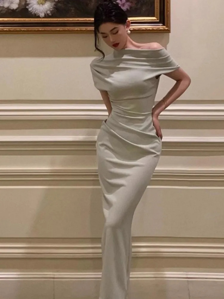 Elegant Off Shoulder Evening Party Dresses for Women Summer Fashion Slim Solid Vestidos Korean Prom Robe Female Clothing 240816