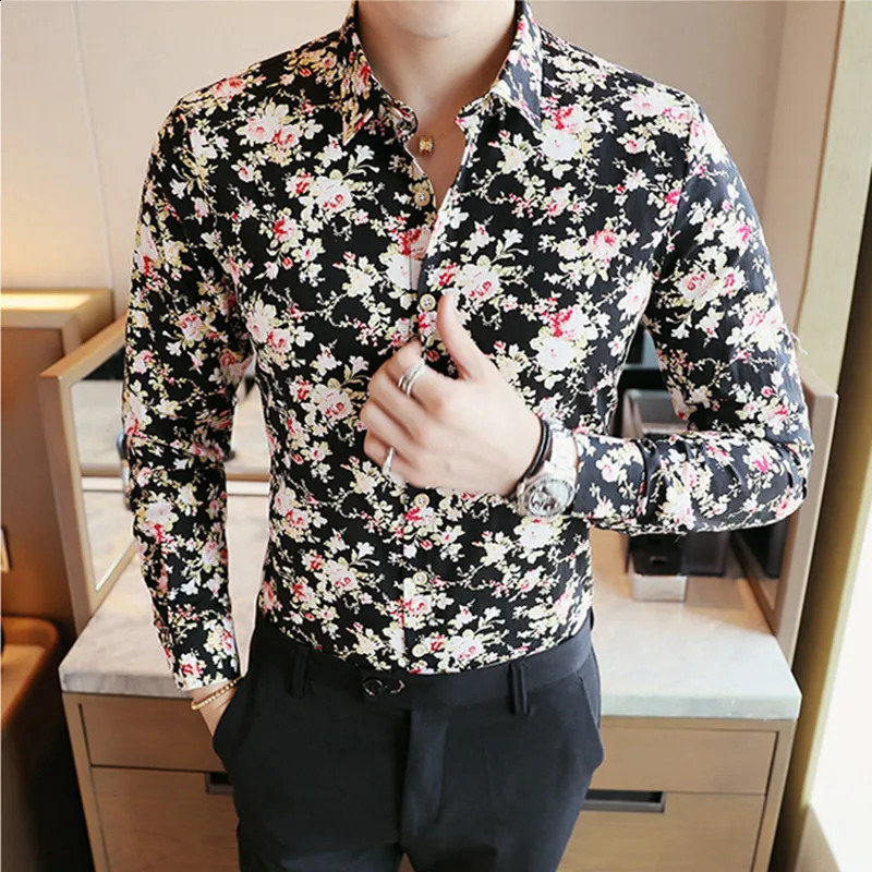 Men Shirts Cotton Vintage Clothes Flowers Shirt Korean Clothing Mens Fashion Beach Mens Spring Long Sleeve Shirt Top 240816