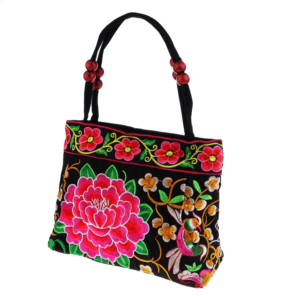 Flower Embroidered Travel Shoulder Bag - Bohemian Double sided Embroidered Flower Canvas Bag 240816