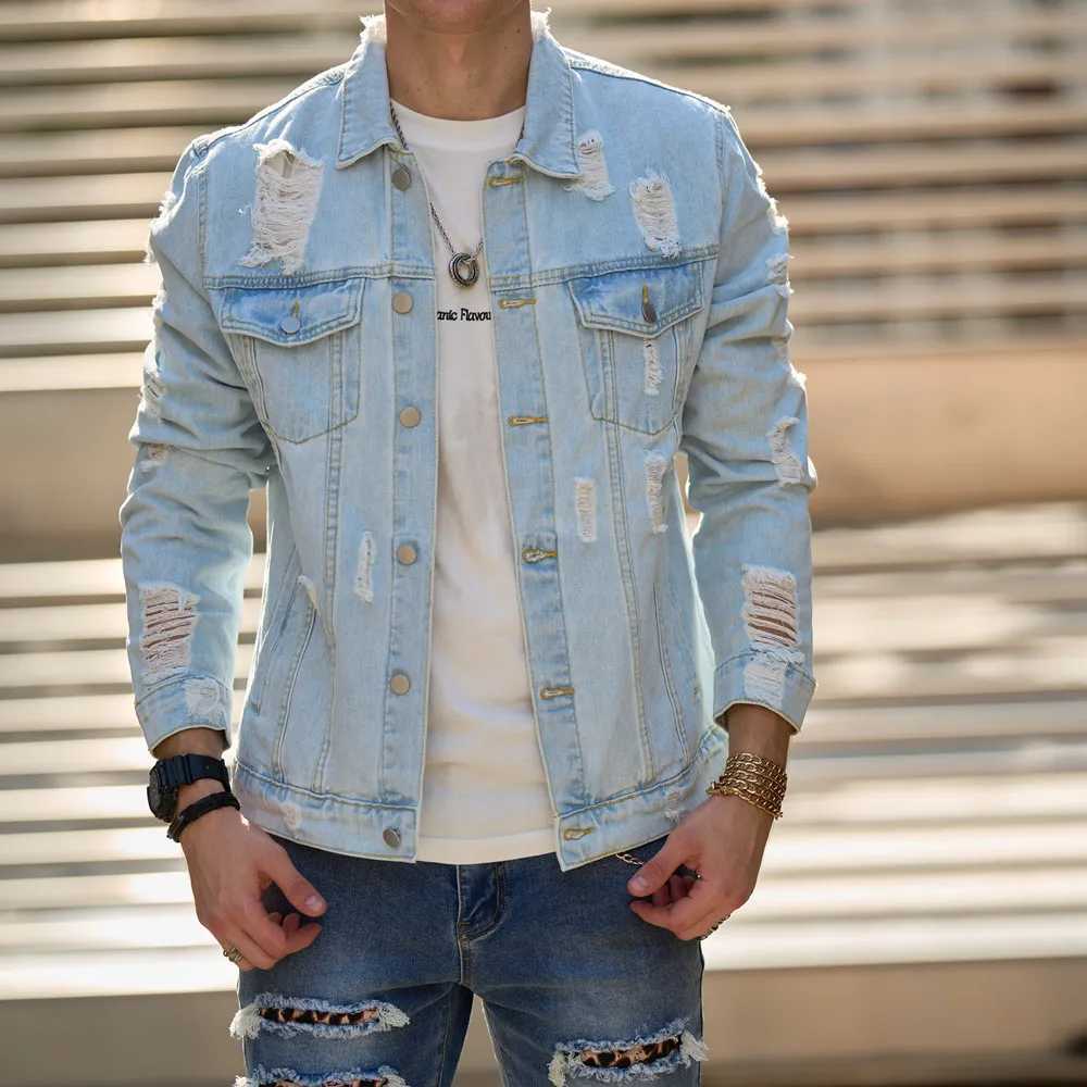 Autumn new mens streetwear fashion solid hole ultra-thin denim jacket high-quality mens casual jacket W241011