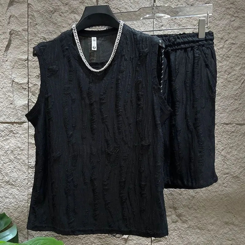Mens sleeveless T-shirt set O-neck casual hollow vest tophollow quick mens breathable vest 2-piece set 240827