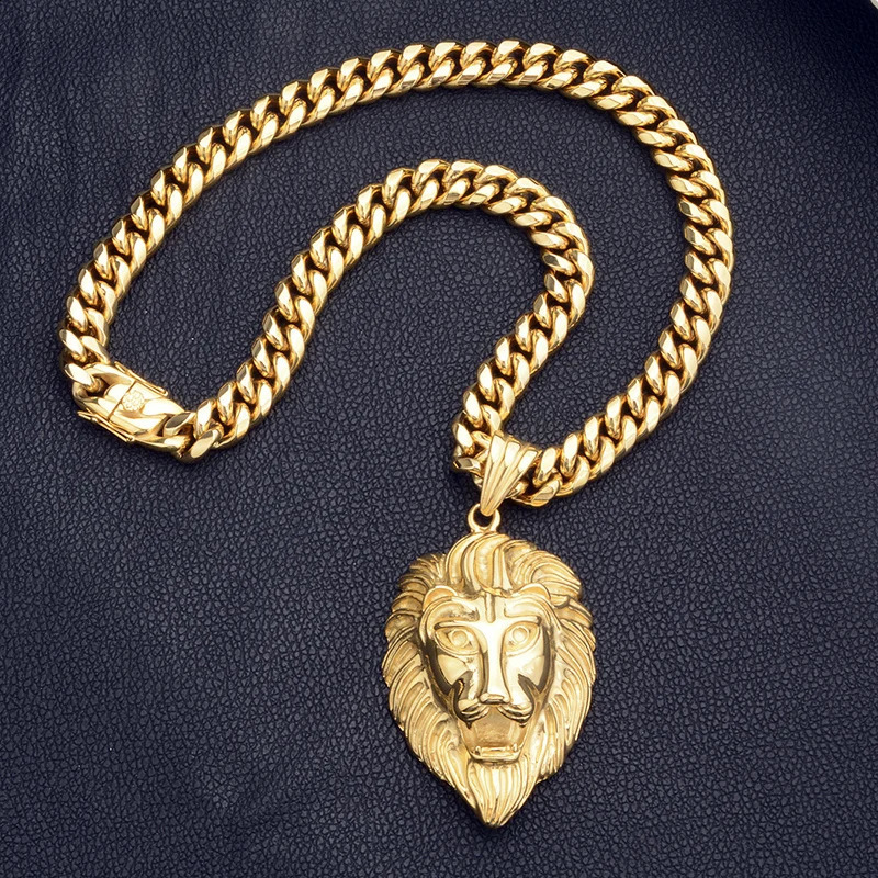 Hip Hop Bling Gold Stainless Steel Lion Pendant Necklace for Mens Rap Singer Jewelry with 14mm Wide Cube Chain 240810