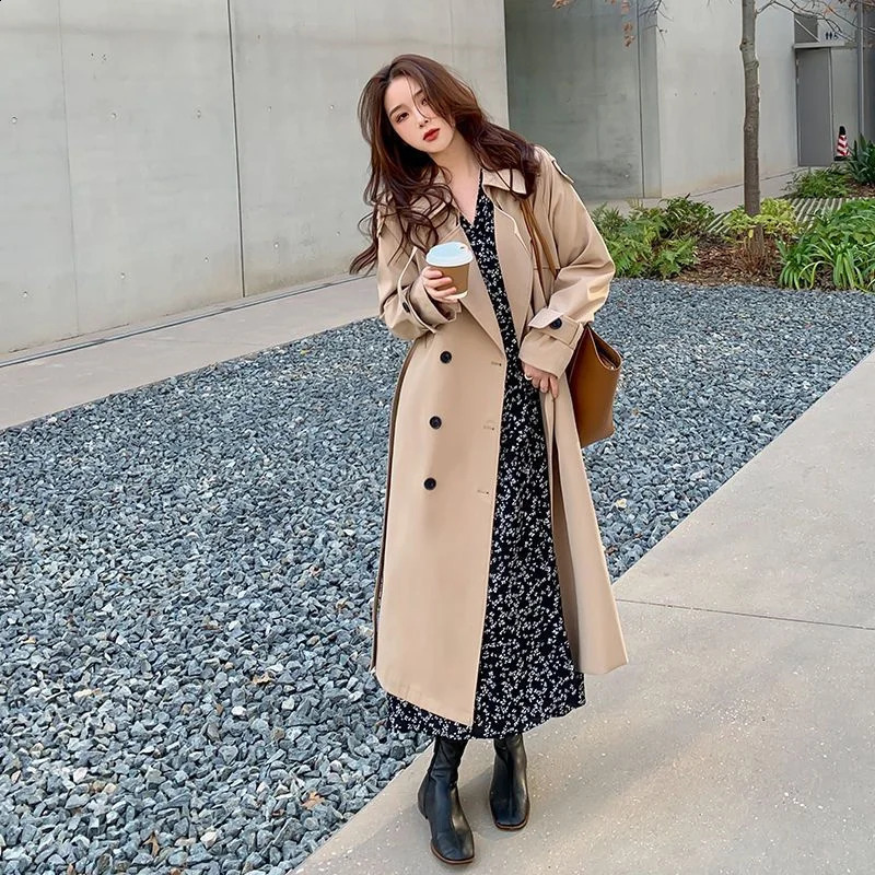 Street loose trench coat Midi length fashionable Korean elegant khaki black womens windproof casual double chest top 240814