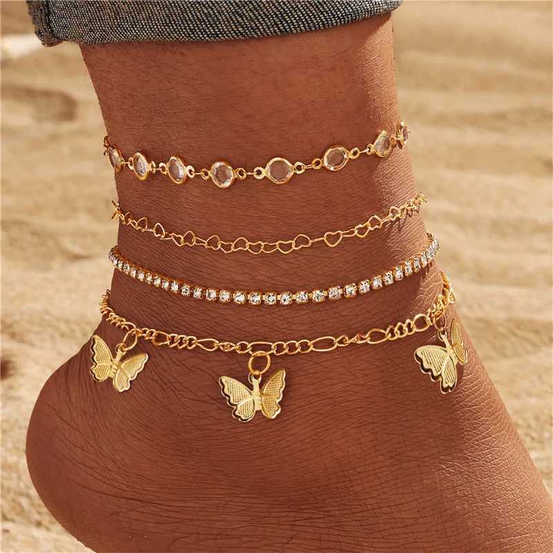 Bohemian zircon butterfly snake hollow pendant anklet womens summer beach gold multi-layer anklet bracelet womens leg chain W240815