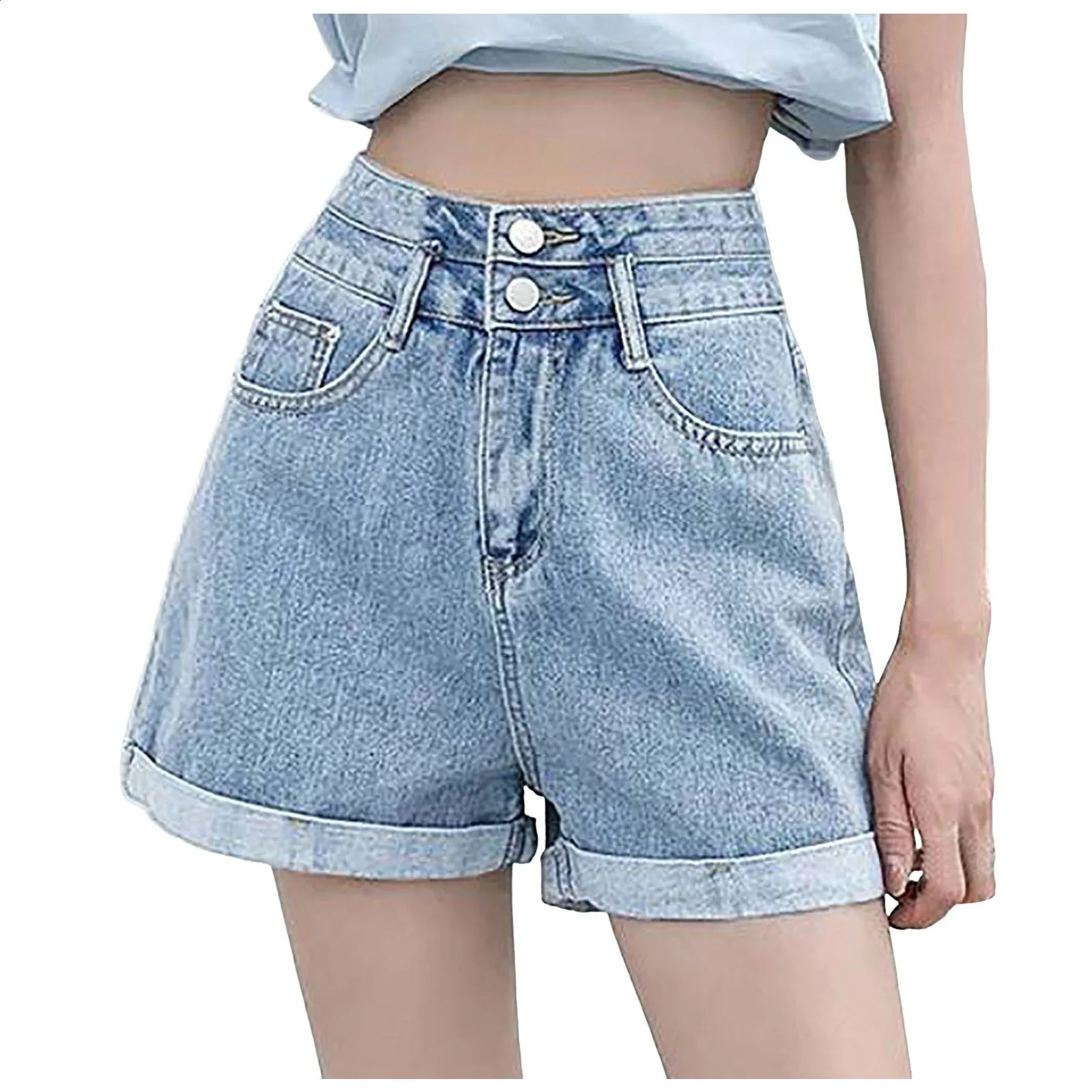Y2k Denim Shorts Women Wide Leg Rolled Up High Waist Elastic Korean Straight Shorts Buttons Up Casual Baggy Jeans Shorts Pants 240823