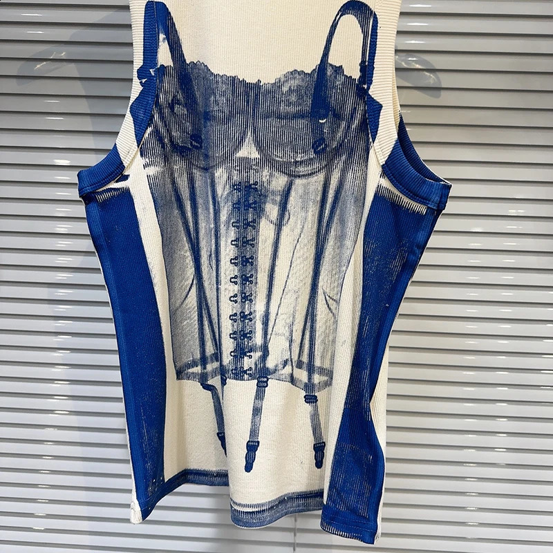 DEAT Lace Underwear Printed Pattern Sling Vest Womens 2024 Summer Elastic O-neck Vest 11X9355 240816