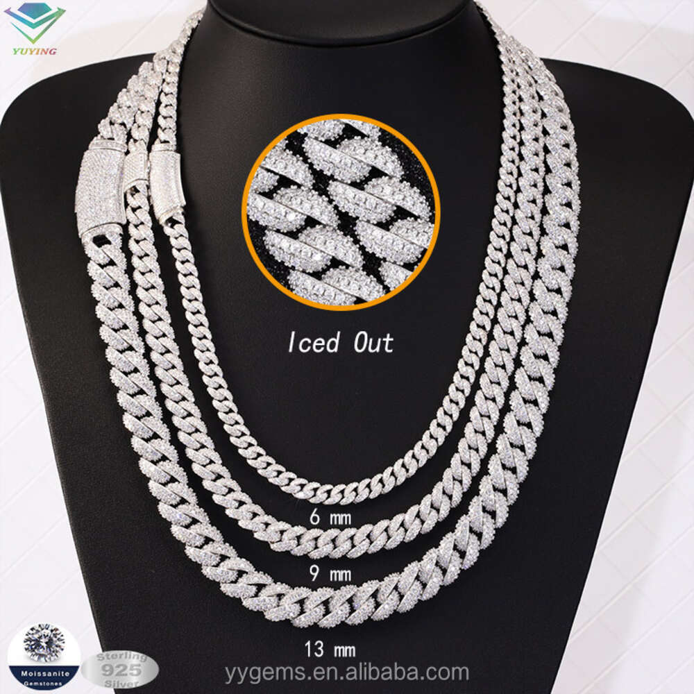 Stocks 13mm Iced Out Chain 2 Rows Hip Hop Rock Sier Moissanite Bracelet Gold plated Cuban Necklace