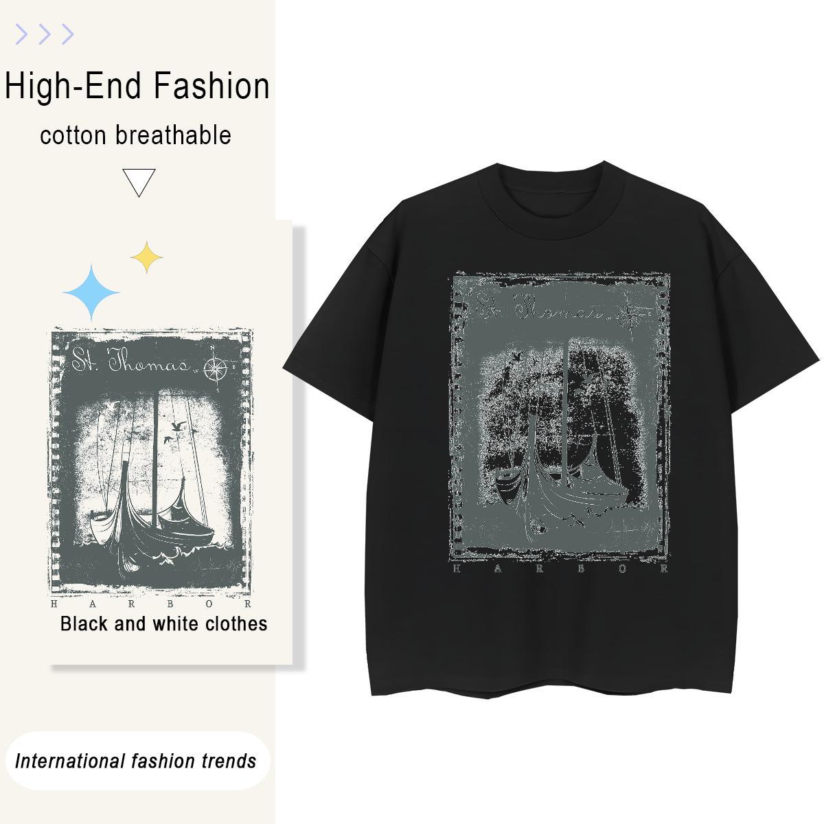 Stylist T-Shirts for Women 100% Cotton 230g Short Sleeve O-Neck Street Casual black and white Unisex Tshirts Soft Anime Tees