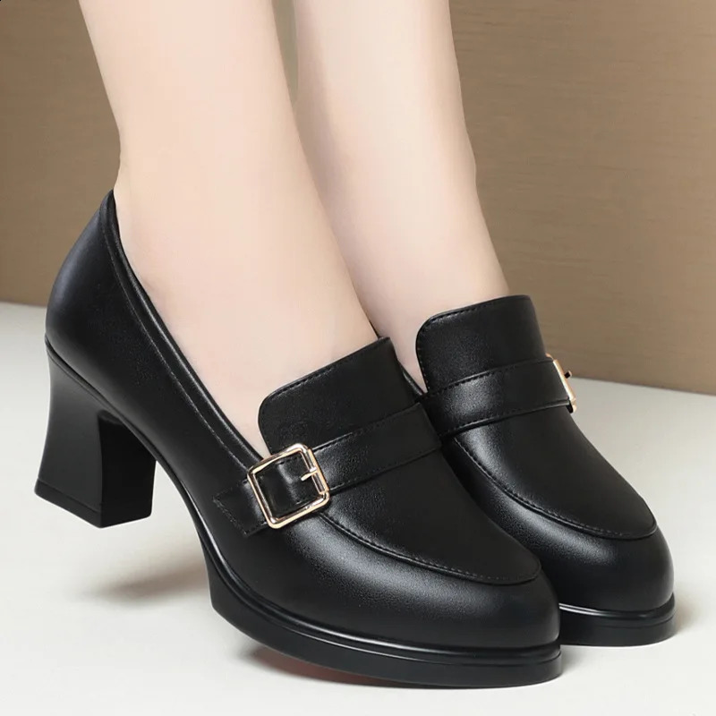 6cm 9cm Elegant Soft Leather Shoes Womens Black Platform Loafers Spring Block High Heels Shoes for Office Work Daily Mom 240815