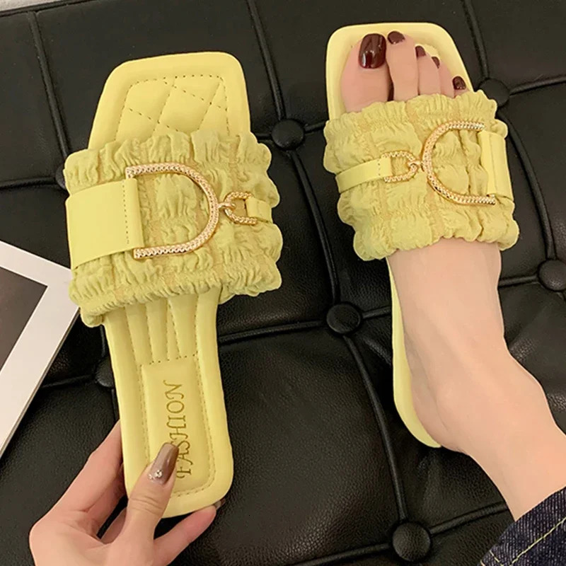 Summer Slippers Women Flat Crystal Design Outdoor Beach Flip ps Sandals Brand Slides Shoes Woman 2024 New Korean