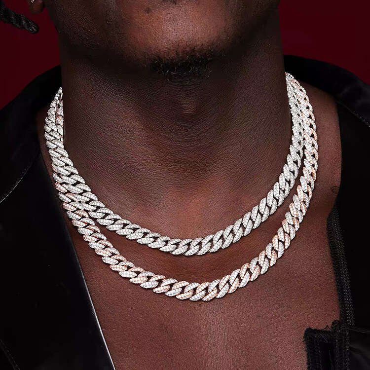 Stocks 13mm Iced Out Chain 2 Rows Hip Hop Rock Sier Moissanite Bracelet Gold plated Cuban Necklace