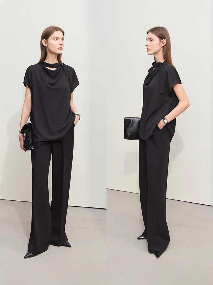 Amii Minimalism Summer Solid Womens Shirt Tie Loose Sleeves Swinging Neck Chiffon Fashion Top Women 12422010 240814