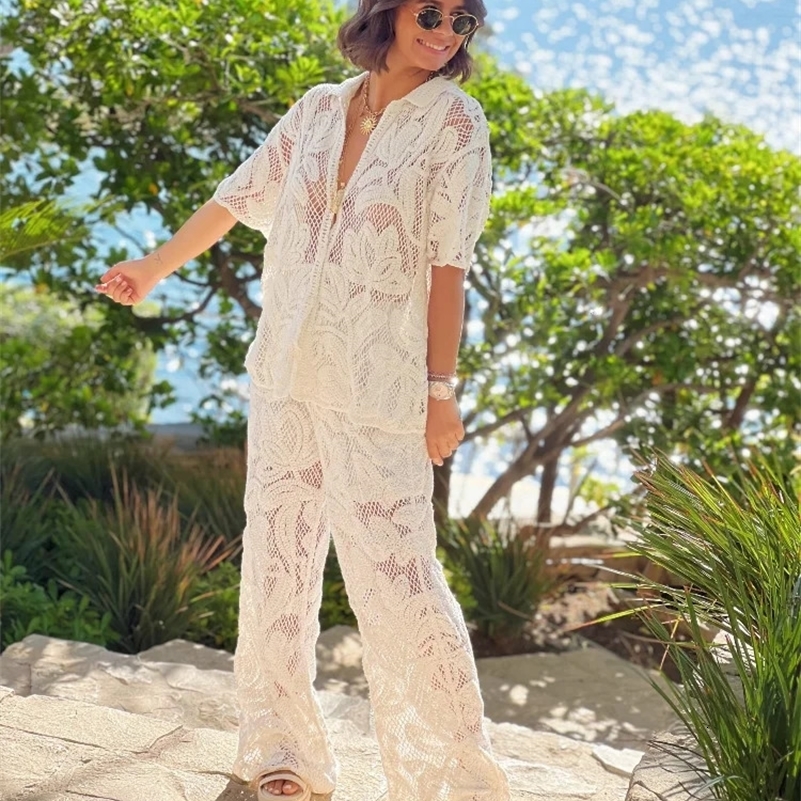 Fashion Crochet Hollow Out Trousers Suit Women Casual Short Sleeved Single Breasted Top Wide Leg Pant Set Lady Vacation Sets y240815