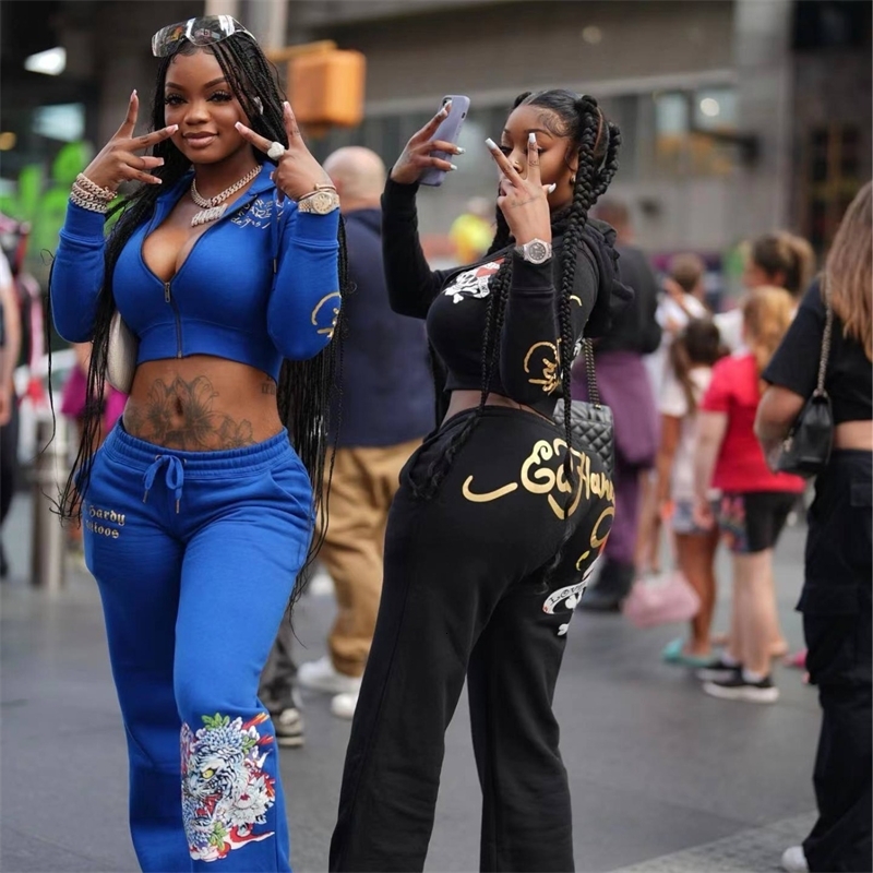 Women Tracksuits Two Pieces Set Designer New Trendy Street Skull Love Printed Basic Zipper Short Cardigan High Waist Straight Leg Pants Sportwear