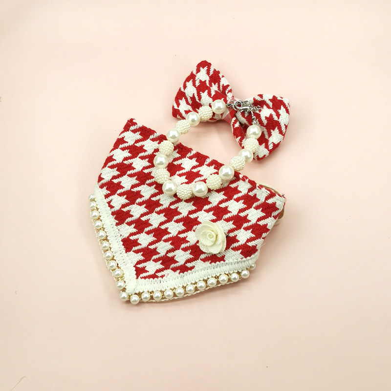 Cat Cute Collar Thousand Bird Check Dog Pet Clothing Drool Towel Bow Headdress Pearl Bib Scarf