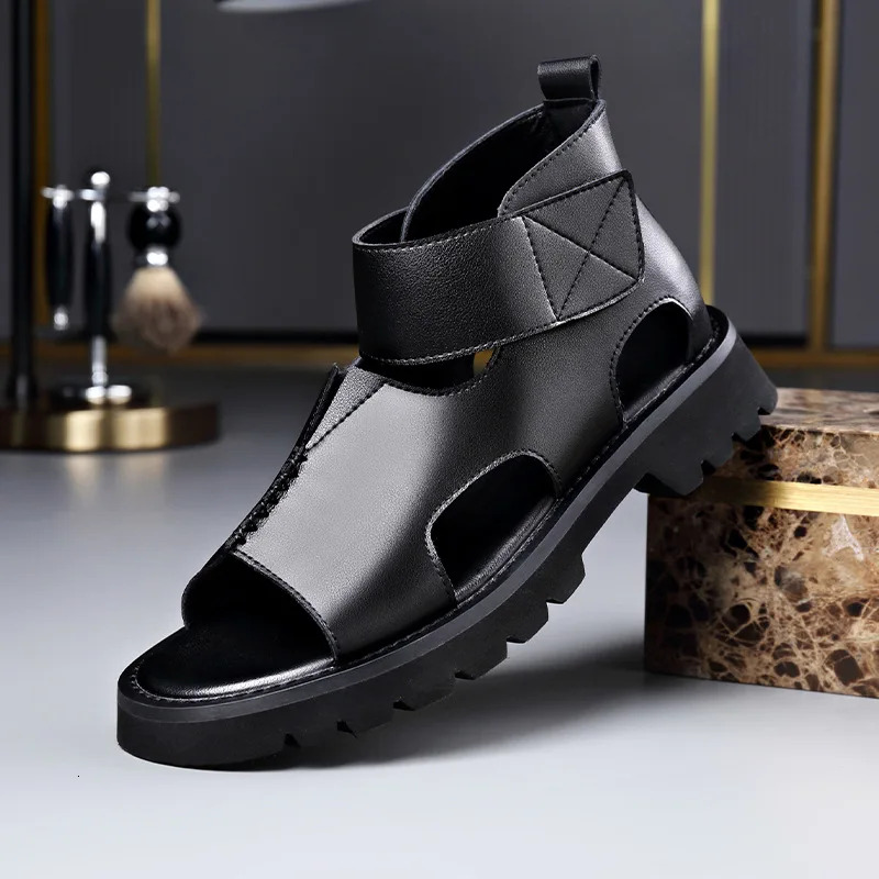 Cow Leather For Men 2024 Summer New Designer Big Size Increase Roman Beach Shoes Male Fashion Casual Black Sandals Man 241117