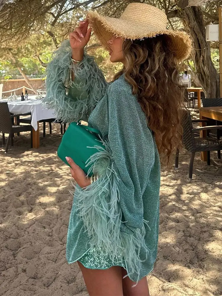 Shiny Feather Patchwork Green Shirt Women Fashion Solid Lapel Single-breasted Loose Summer Shirts 2025 Lady Vacation Blouse 250409