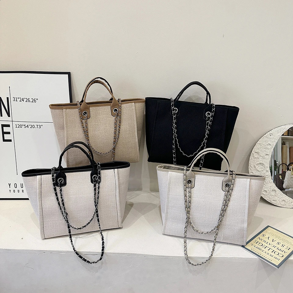 Fashion Simple Canvas Material Chain Bag Large Capacity Chain Zipper Womens Shoulder Bag Tote Bag For Commuter Shopping 240816