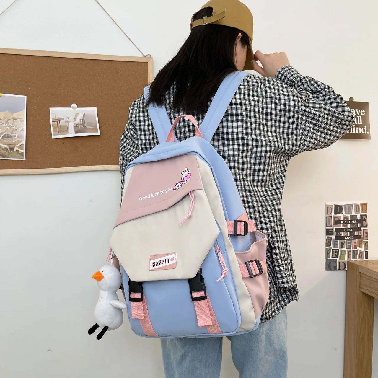 School bag womens Korean style simple high school student trend fashion school bag backpack trend gift duck pendant 240816