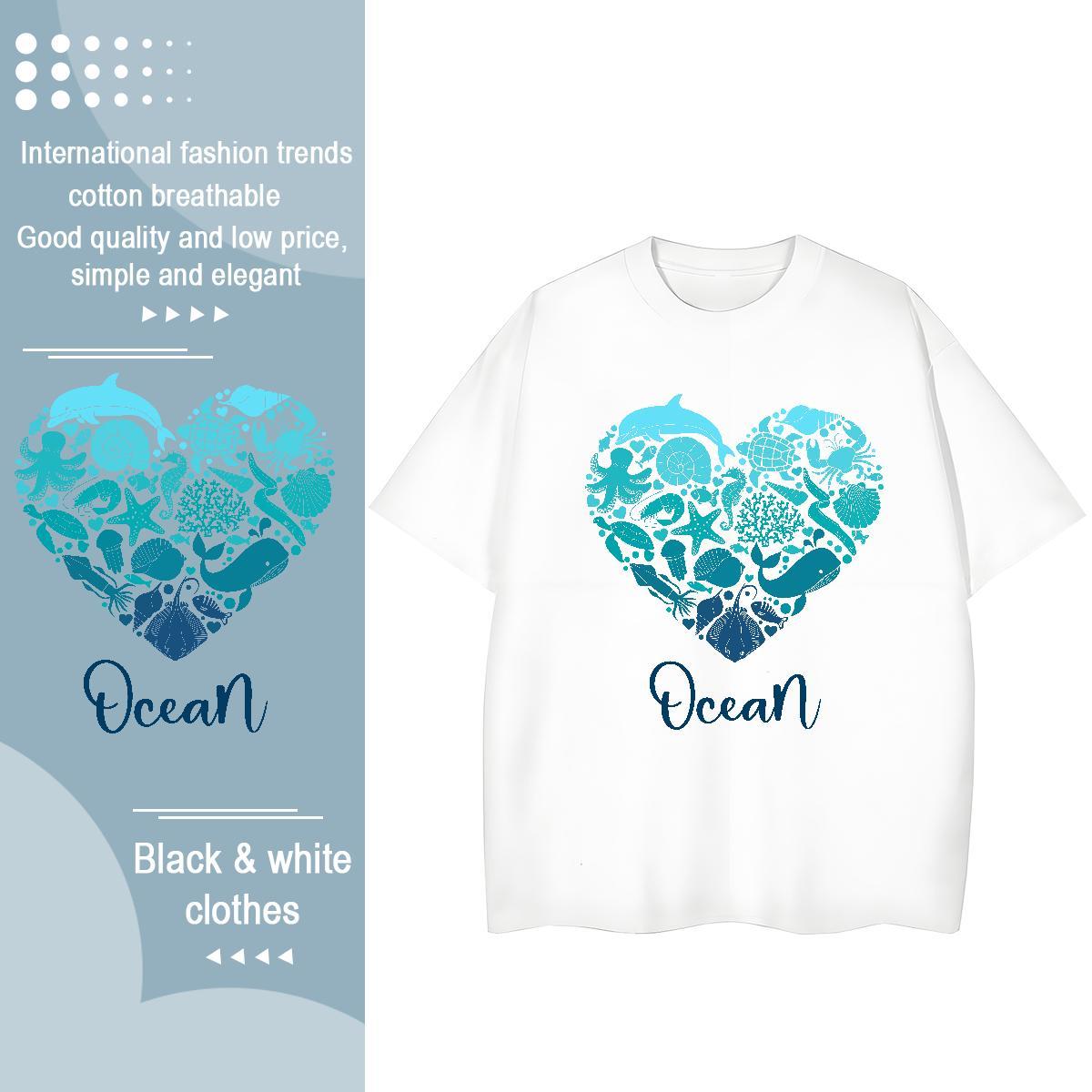 Fashion New T shirt Crew Neck 230g Cotton Woman Tshirt Anime Print fish Sports Street Wear Loose fit Tops
