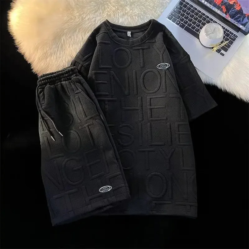 Mens casual sportswear womens plain short sleeved shirt top loose fit letter printing two-piece summer set 240827