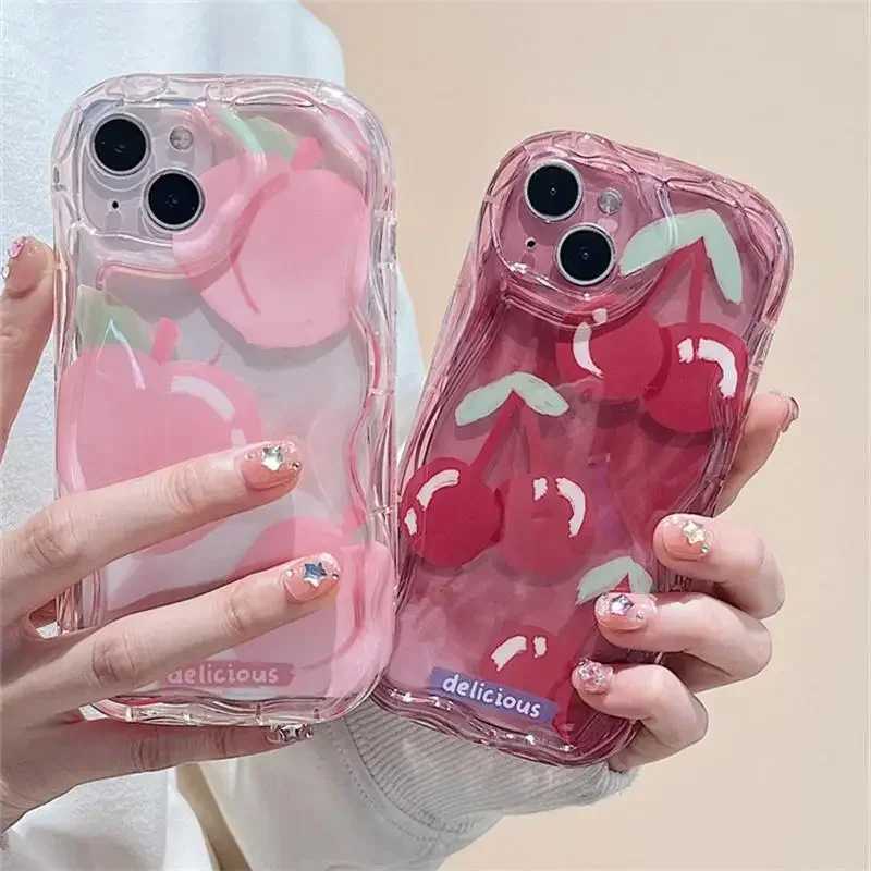 Pink Peach Cherry Soft Clear TPU Phone Case For IPhone 15 14 11 16 Pro Max 12 13 MIni XR Flower Wavy Bumper Silicone Cases CoverM240816