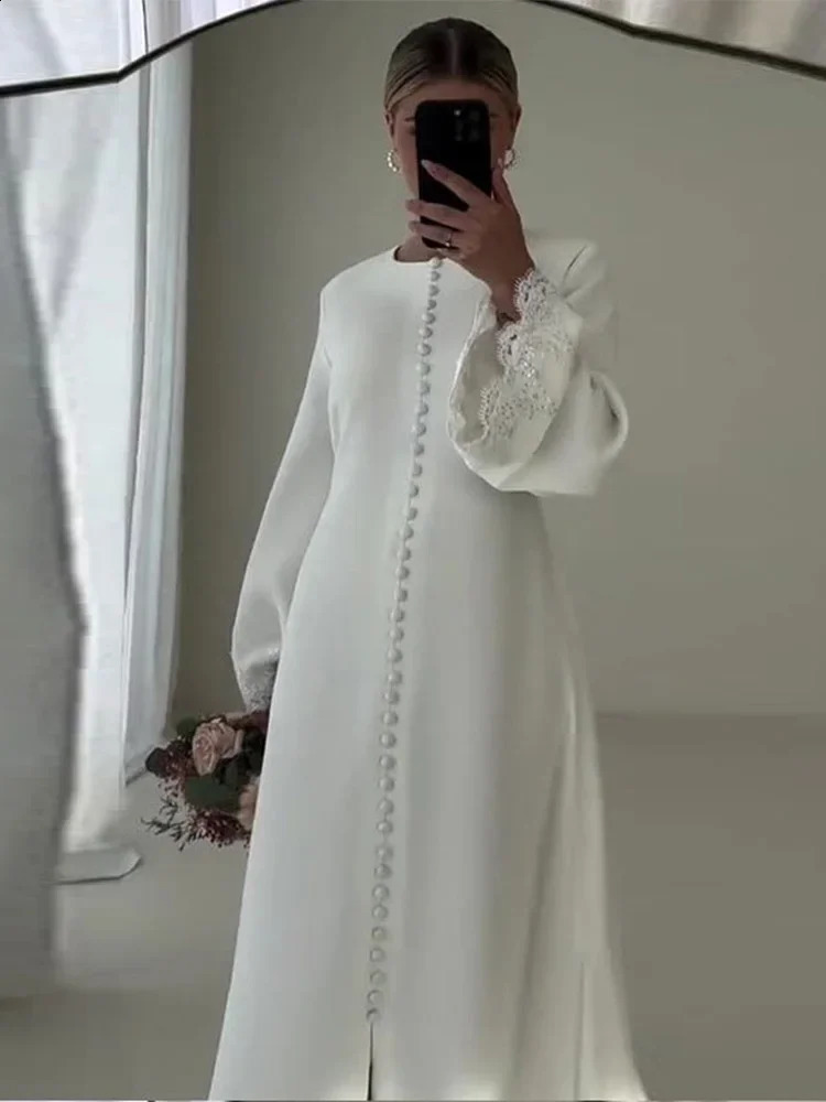 All White Elegant Lace Flare Sleeve Singlebreasted Maxi Dresse Fashion O Neck Slit Solid Dress 2024 Lady Street Robes 24