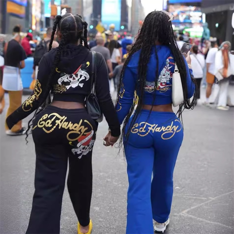 Women Tracksuits Two Pieces Set Designer New Trendy Street Skull Love Printed Basic Zipper Short Cardigan High Waist Straight Leg Pants Sportwear