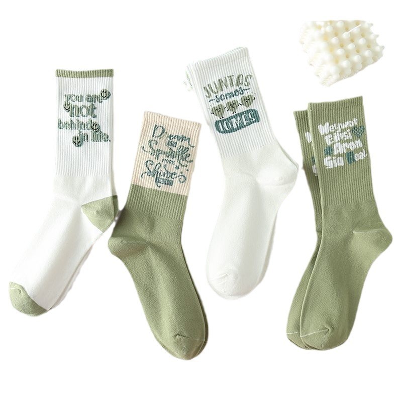 Ins Trendy Japanese Styles - Women's Long White and Green Sports Socks for Students