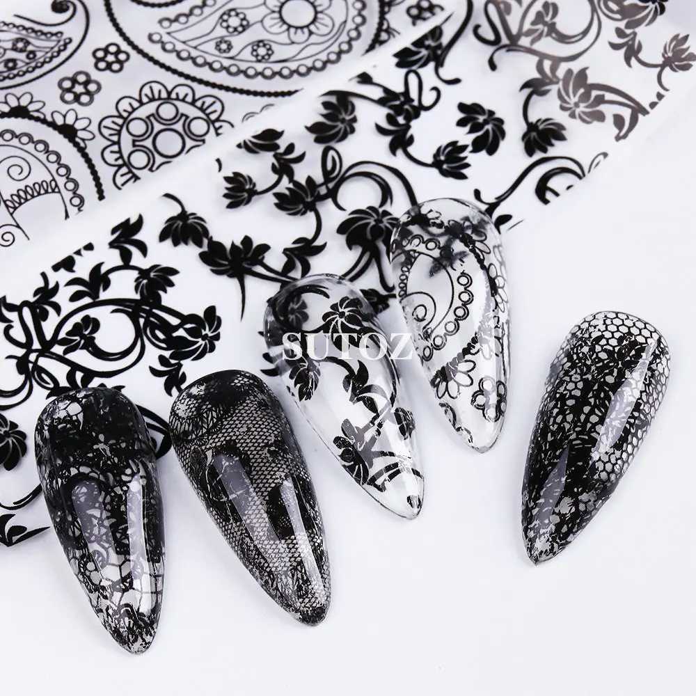 10pcs Black White Lace Nail Foil Sexy Floral Transfer Stickers Holographic French Flowers Decals Art Manicure Decoration NLLS-01XJ250120
