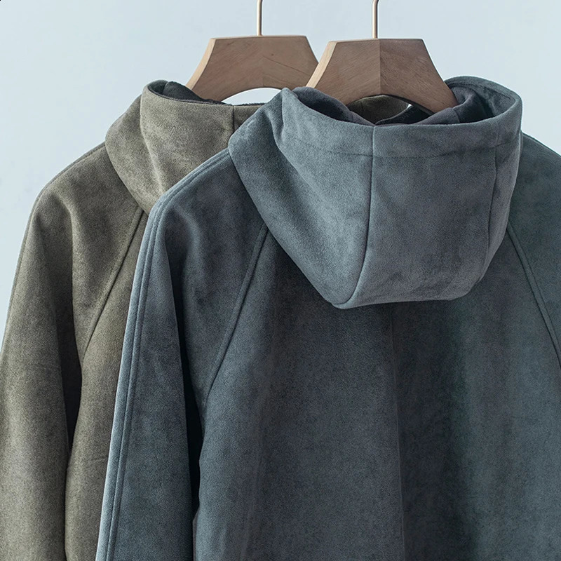 Suede lining Raglan pullover hoodie loose retro cotton clip thick warm zipper 240823