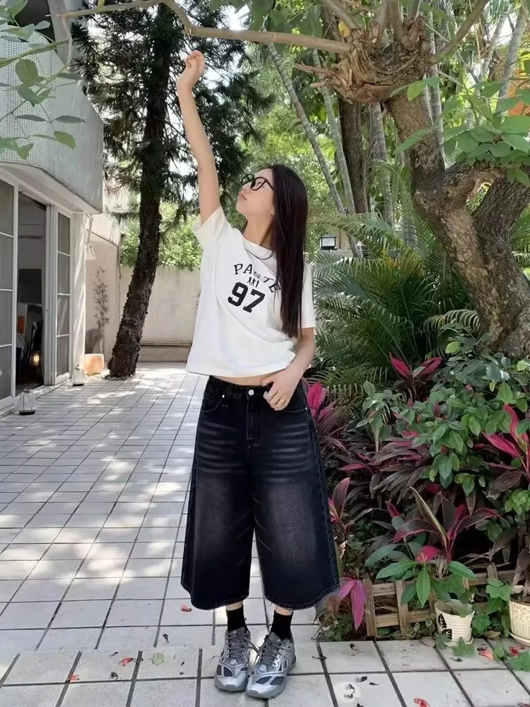 QWEEK Y2k Baggy Vintage Jort High Waist American Streetwear Wide Leg Knee Length Jeans Casual Loose Summer Denim Shorts y240830