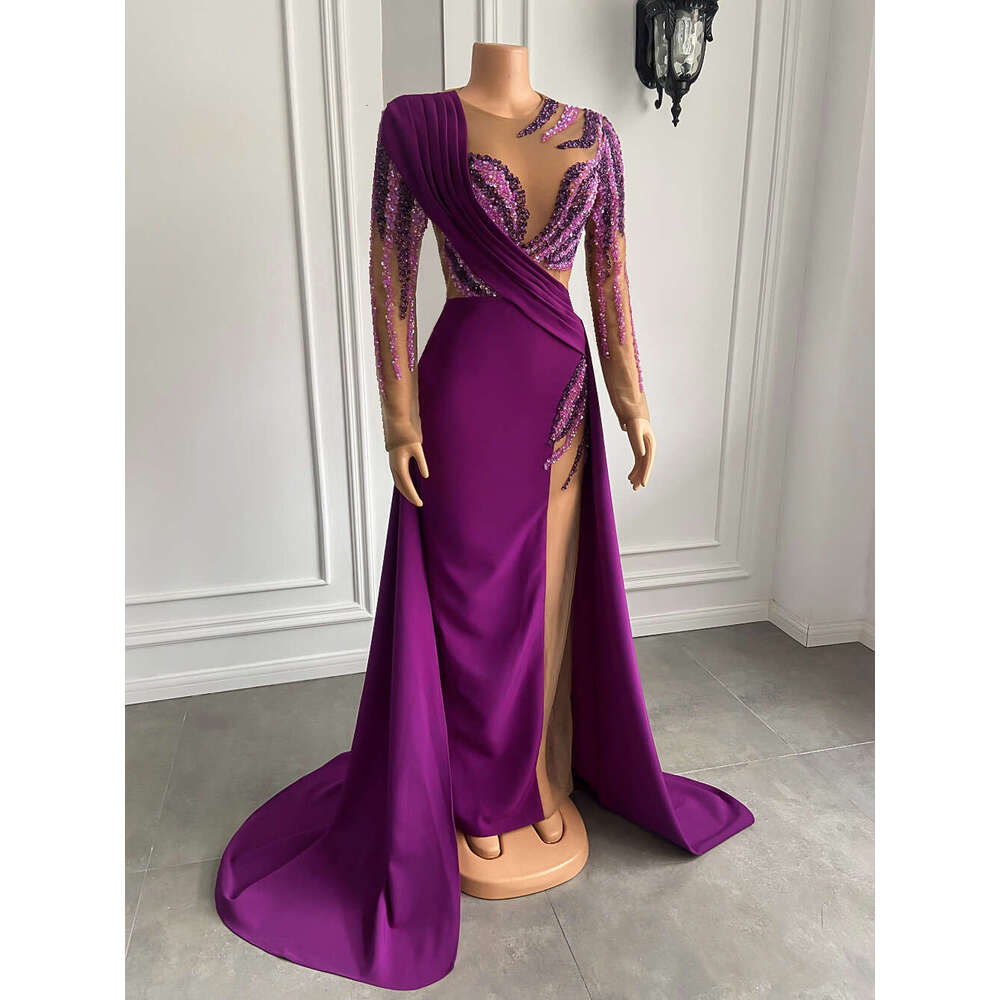 Sleeve Long Dresses Real Sample Pearls Dubai Women Purple Satin Sheer Formal Evening Gowns