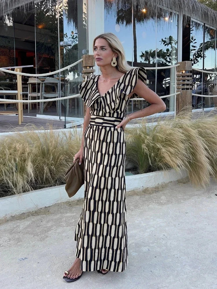 Women Fahsion Print V Neck Flying Sleeves Top Suit Female Fashion High Waist Aline Skirt 2024 Summer Lady Street Outfits 240816