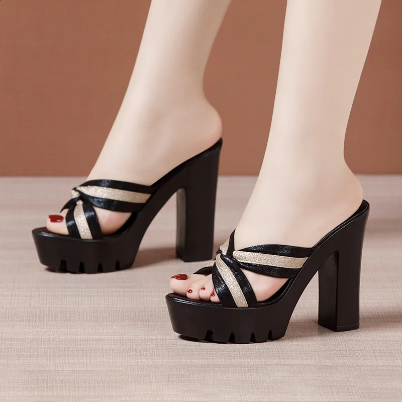 13cm Extreme Block High Heels Sandals Stripe Leather Slippers Summer Womens Chunky Platform Slides Office Model 32-43 240815